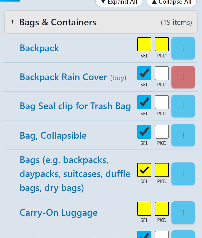 Packlist screen on a phone. A gray "Bags & Containers" category header reads "(19 items)", and under it each row &mdash; Backpack, Backpack Rain Cover, Bag Seal clip for Trash Bag, Bag Collapsible, Carry-On Luggage &mdash; carries its own SEL and PKD check boxes and a menu button, with one item flagged "(buy)".